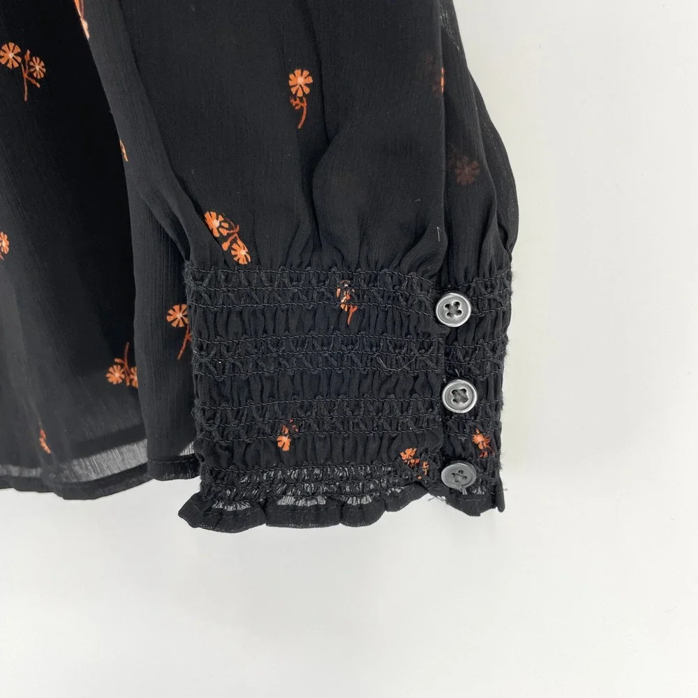 Madewell Smocked Mockneck Long Sleeve Top Black Floral Sheer Chiffon Small S